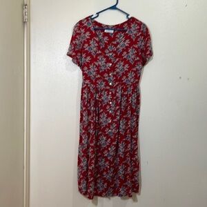 St. Michael by Marks & Spencer red with blue flowered midi dress. Size Medium